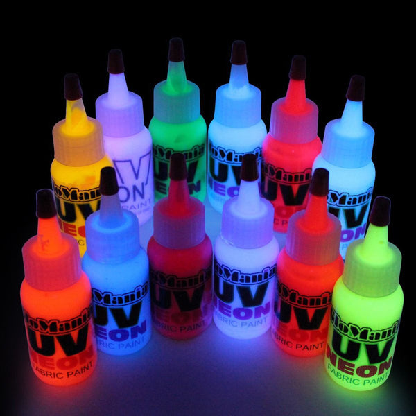 Individuall Glow Magic Fabric UV Paint Set - Set of 8 - Neon Textile Black Light Paints - Fluorescent Clothing Color - for Vibrant Glowing Art